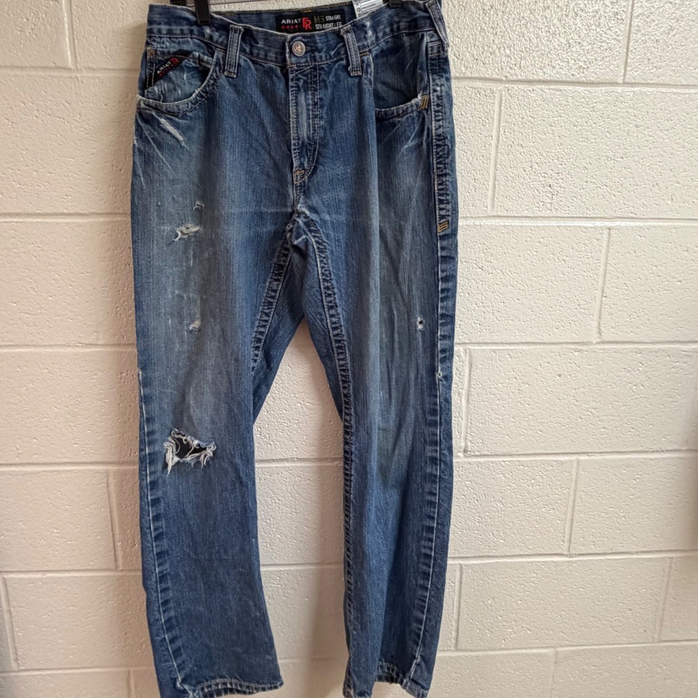 Ariat Mens M5 Straight Leg FR Jeans 34x34 Distressed Blue Denim Workwear CAT 2